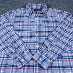 Vineyard Vines Slim Longshore Shirt XXL Blue Pink Plaid Cotton Linen Blend Mens
